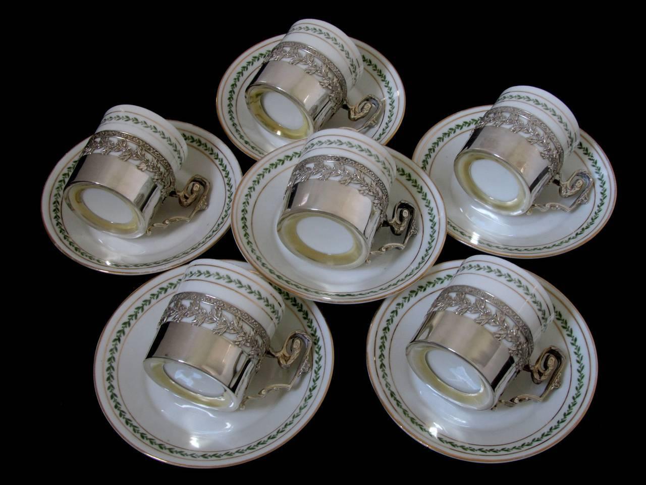 Late 19th Century 1870s French Sterling Silver Porcelain of Paris Six Tea Cups with Saucers Empire
