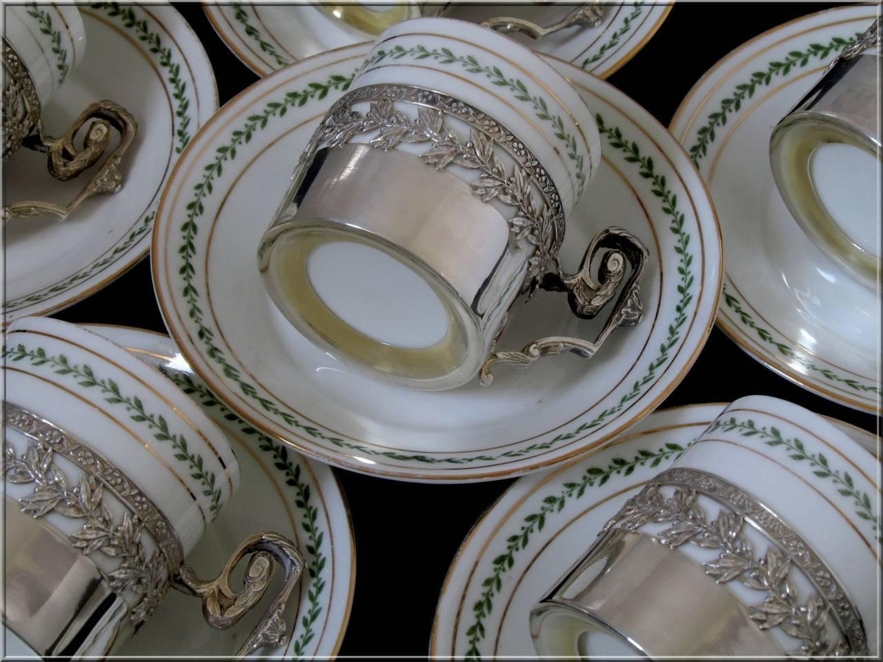 1870s French Sterling Silver Porcelain of Paris Six Tea Cups with Saucers Empire 1
