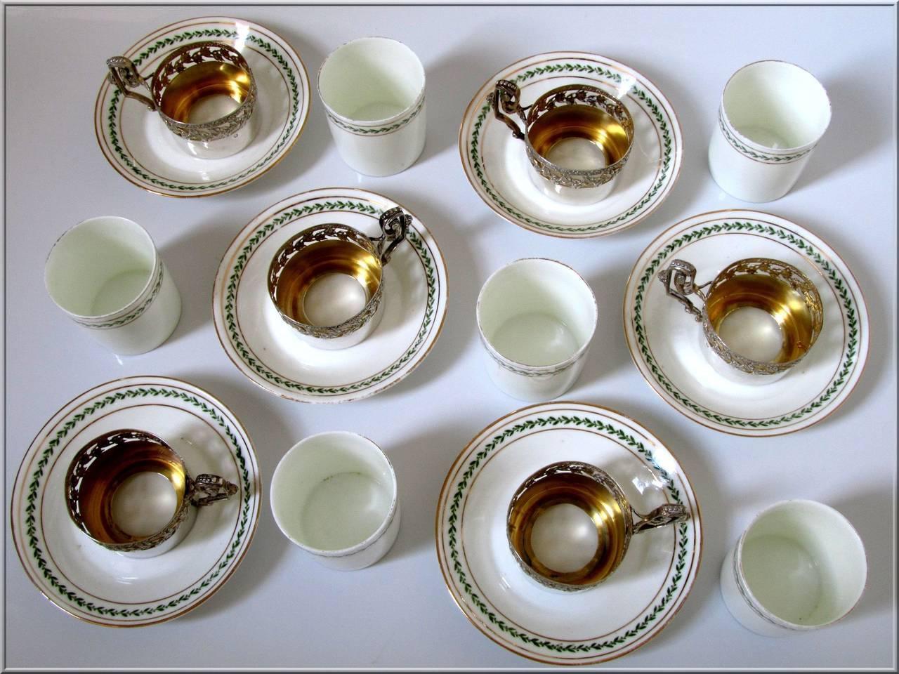 1870s French Sterling Silver Porcelain of Paris Six Tea Cups with Saucers Empire 3