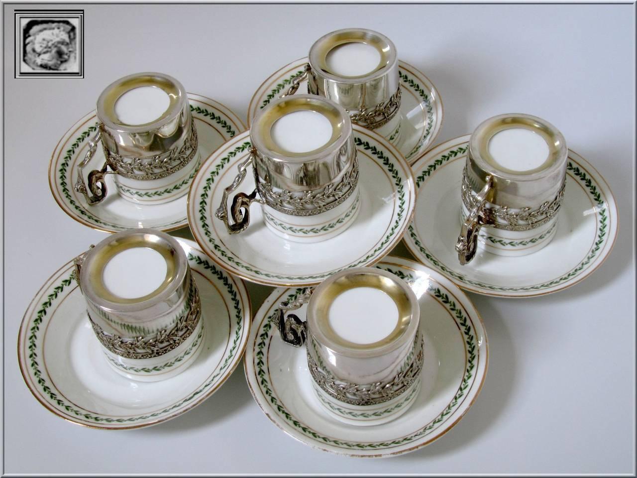 1870s French Sterling Silver Porcelain of Paris Six Tea Cups with Saucers Empire 4