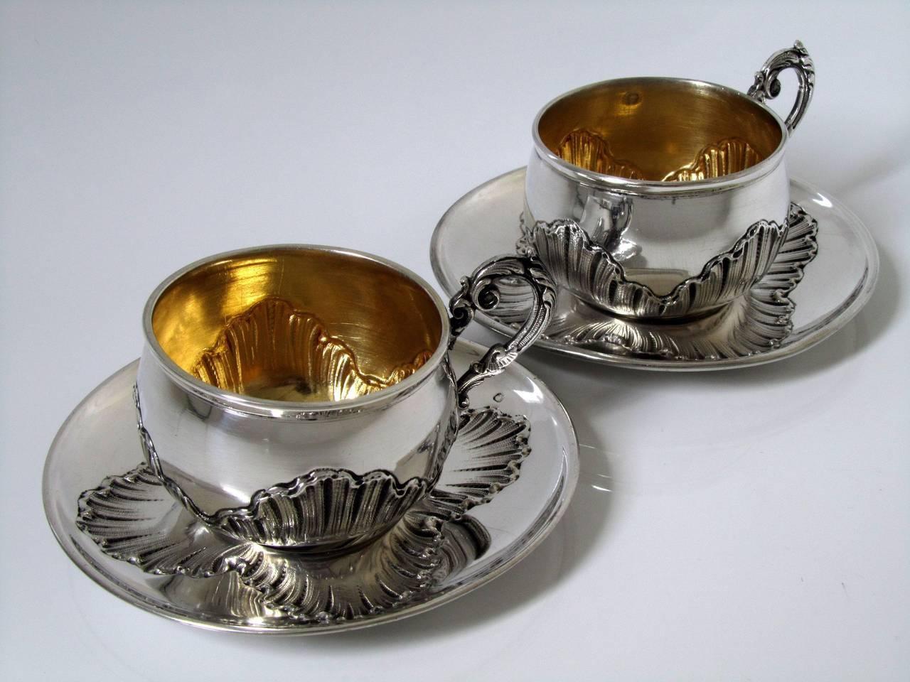 Pair of French Sterling Silver 18k Gold Coffee/Tea Cups w/Saucers Rococo 2