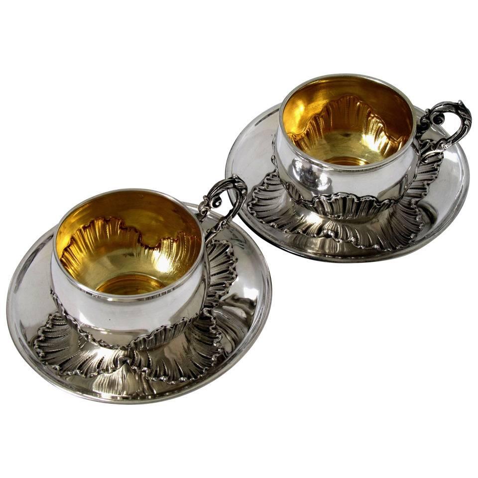 Pair of French Sterling Silver 18k Gold Coffee/Tea Cups w/Saucers Rococo 4