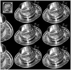 Compere Ornate French Sterling Silver Six Coffee Tea Cups with Saucers