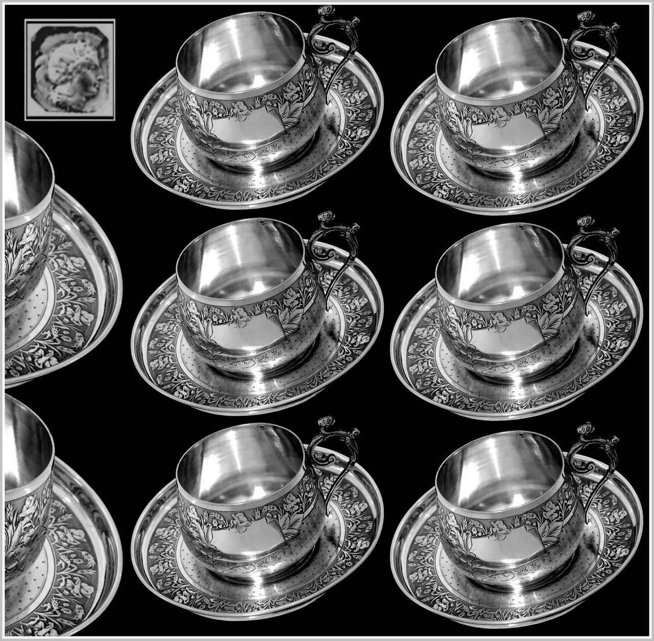 Compere Ornate French Sterling Silver Six Coffee Tea Cups with Saucers For Sale at 1stdibs