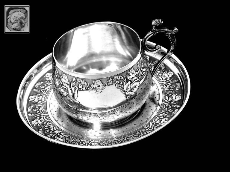 Compere Ornate French Sterling Silver Six Coffee Tea Cups with Saucers For Sale at 1stDibs
