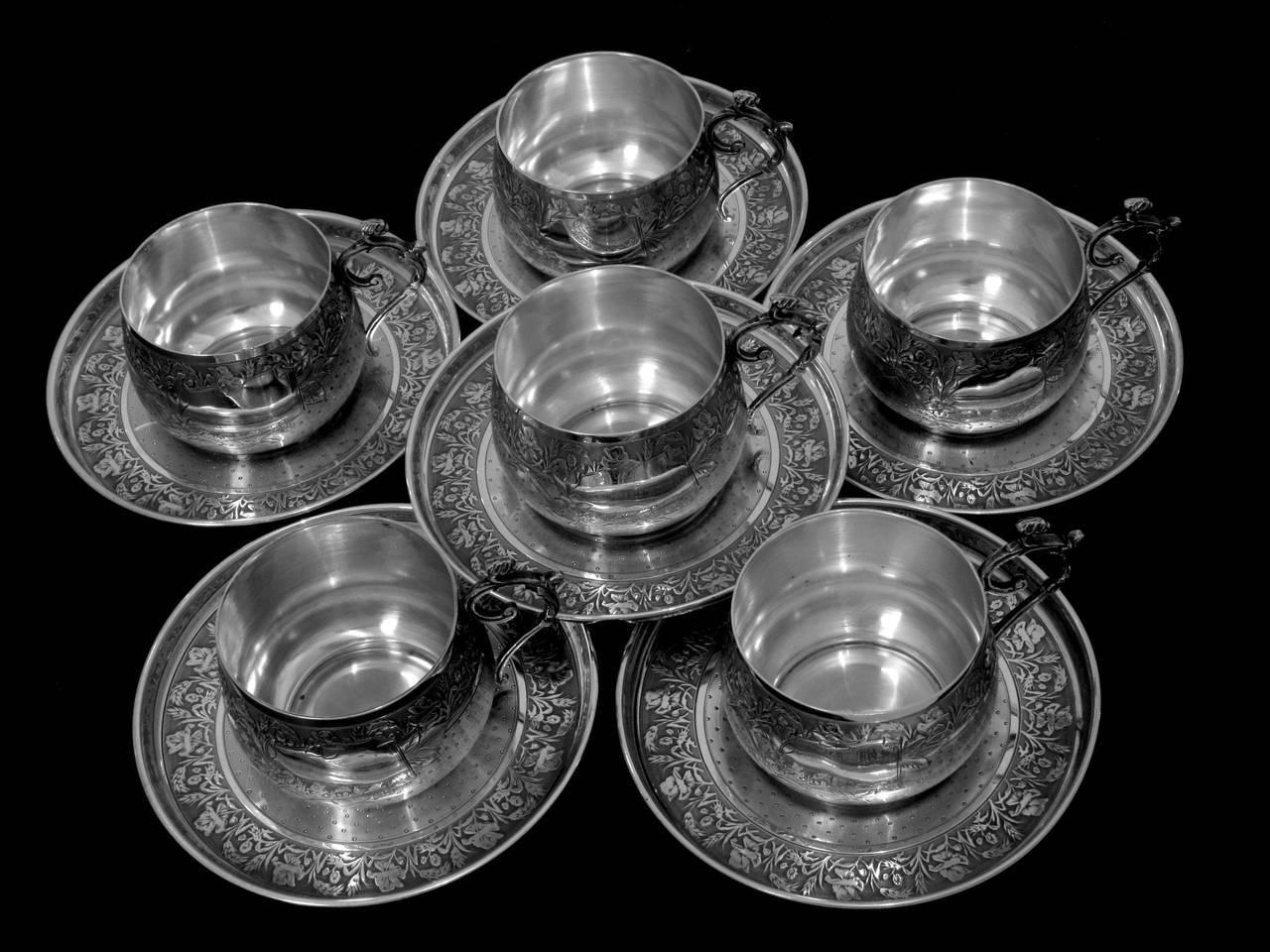 Art Nouveau Compere Ornate French Sterling Silver Six Coffee Tea Cups with Saucers For Sale