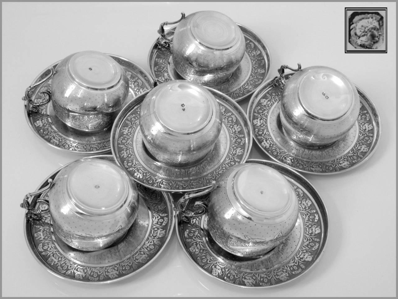 Late 19th Century Compere Ornate French Sterling Silver Six Coffee Tea Cups with Saucers For Sale