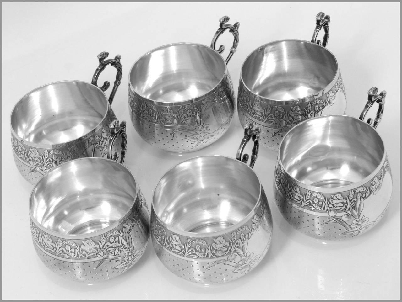 Compere Ornate French Sterling Silver Six Coffee Tea Cups with Saucers For Sale 2