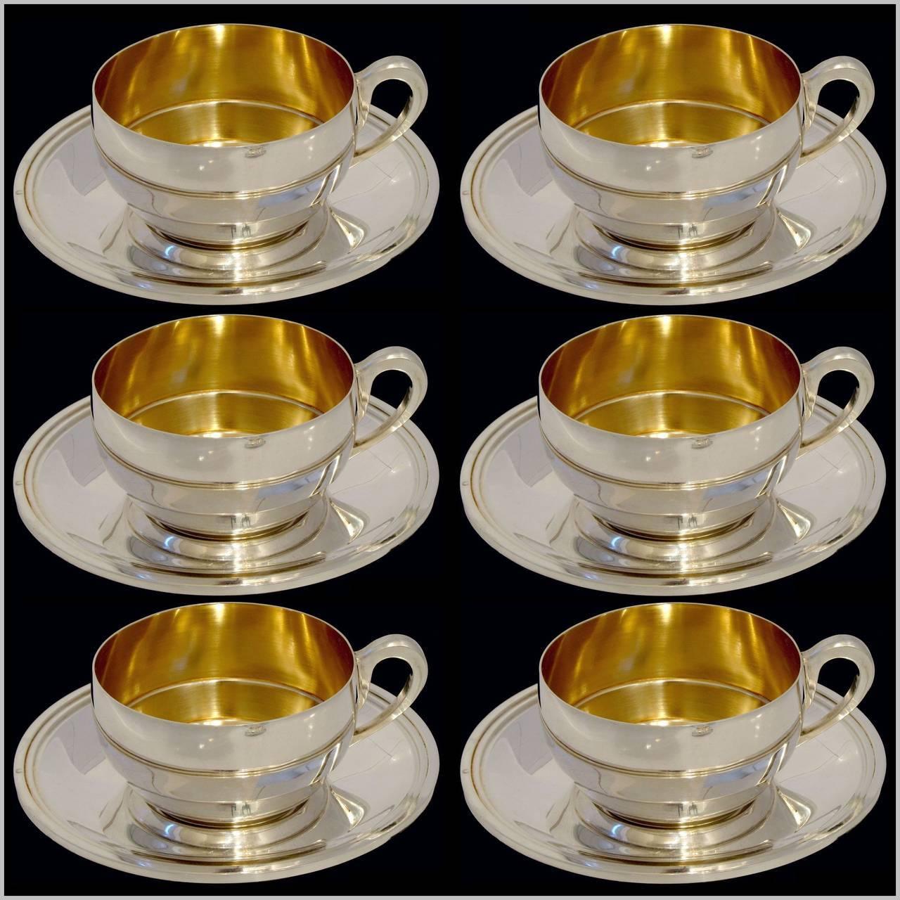 Art Deco Ravinet Massive French Sterling Silver 18k Gold Six Tea Cups and Saucers