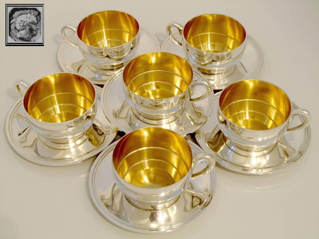 Early 20th Century Ravinet Massive French Sterling Silver 18k Gold Six Tea Cups and Saucers