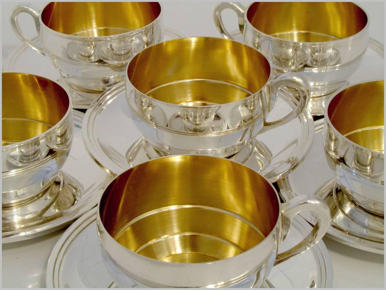 Massive French Sterling Silver 18k Gold Six Tea Cups and Saucers For Sale at 1stdibs