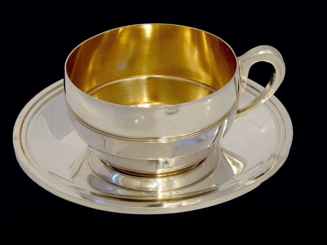 Massive French Sterling Silver 18k Gold Six Tea Cups and Saucers For Sale at 1stdibs