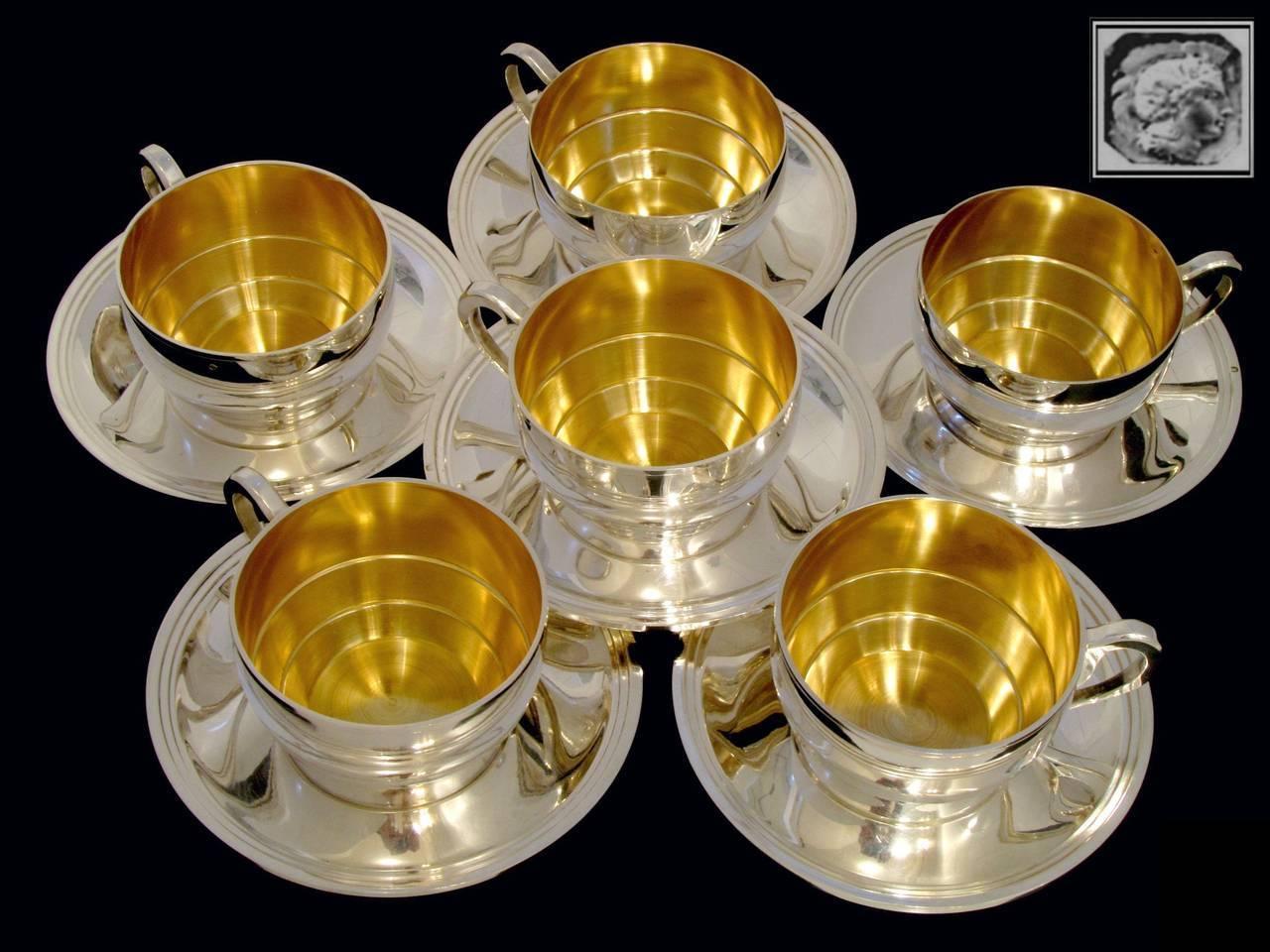 Massive French Sterling Silver 18k Gold Six Tea Cups and Saucers For Sale at 1stdibs