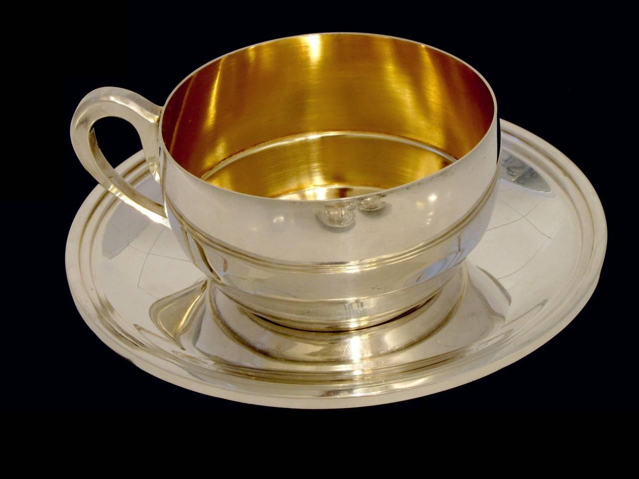 Ravinet Massive French Sterling Silver 18k Gold Six Tea Cups and Saucers 5