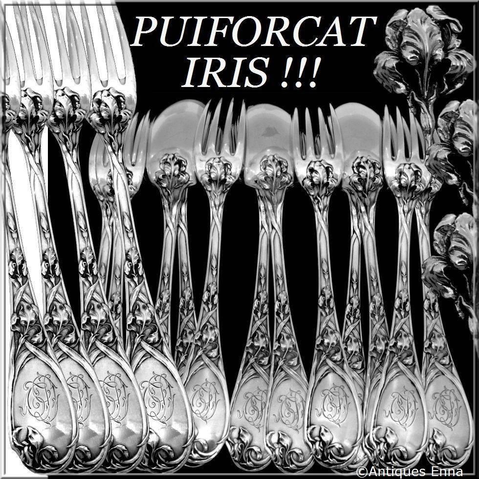Puiforcat fabulous French sterling silver dinner flatware set 12-piece iris.

Head of minerve 1 st titre for 950/1000 French sterling silver guarantee

The set have a fantastic Iris motif in Art Nouveau style. Finesse of design and quality of