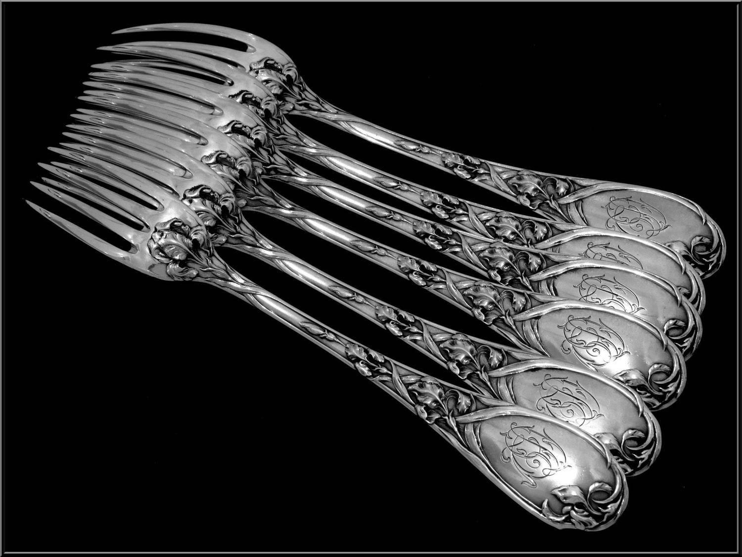 Late 19th Century Puiforcat Fabulous French Sterling Silver Dinner Flatware Set 12 Pieces Iris