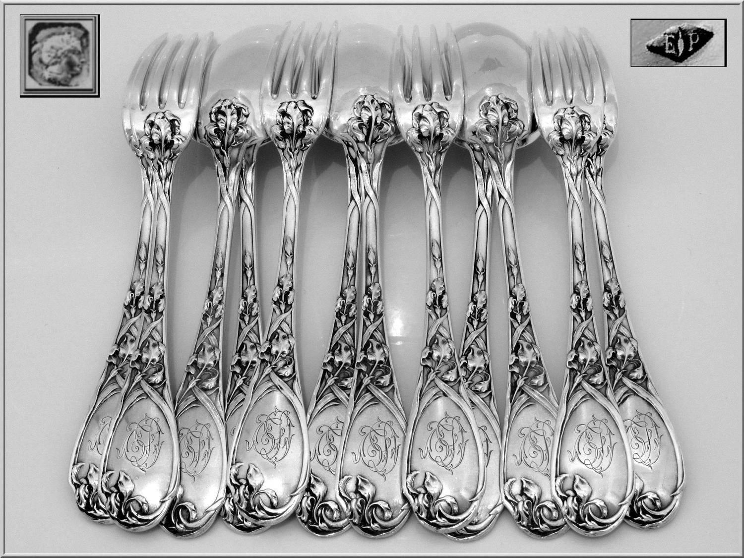 Puiforcat Fabulous French Sterling Silver Dinner Flatware Set 12 Pieces Iris 1