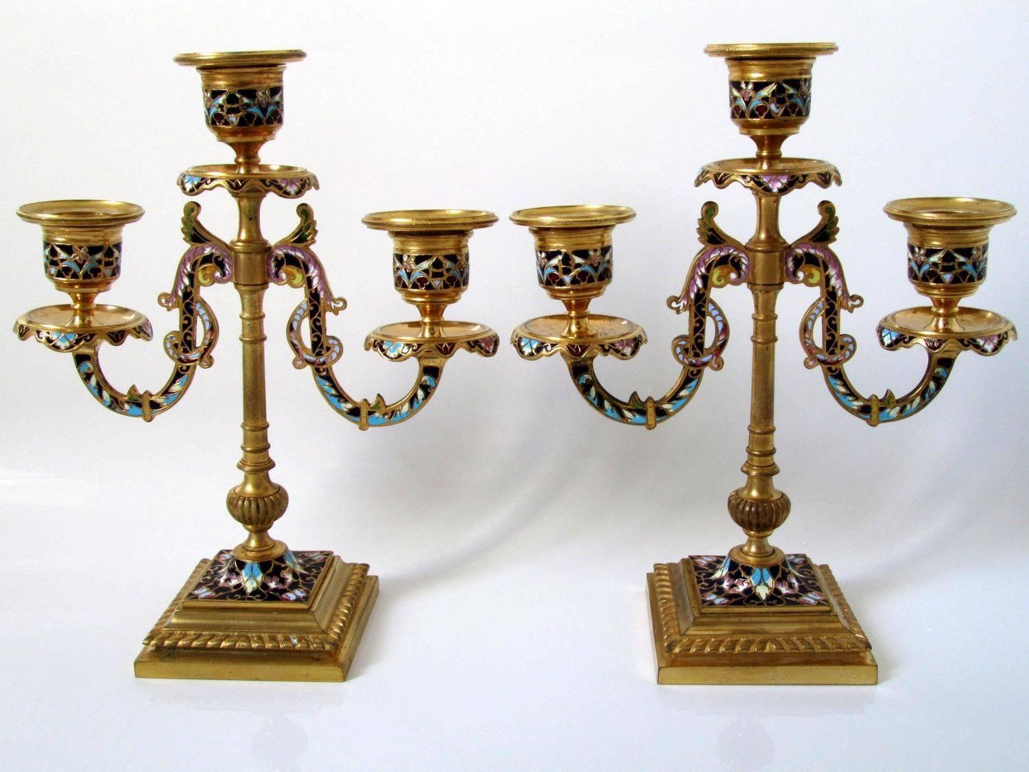 Antique Pair of French Ormolu Bronze Champleve Enamel Candelabra In Good Condition For Sale In TRIAIZE, PAYS DE LOIRE