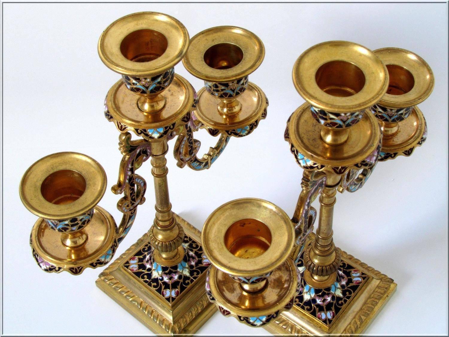 Antique Pair of French Ormolu Bronze Champleve Enamel Candelabra For Sale 1
