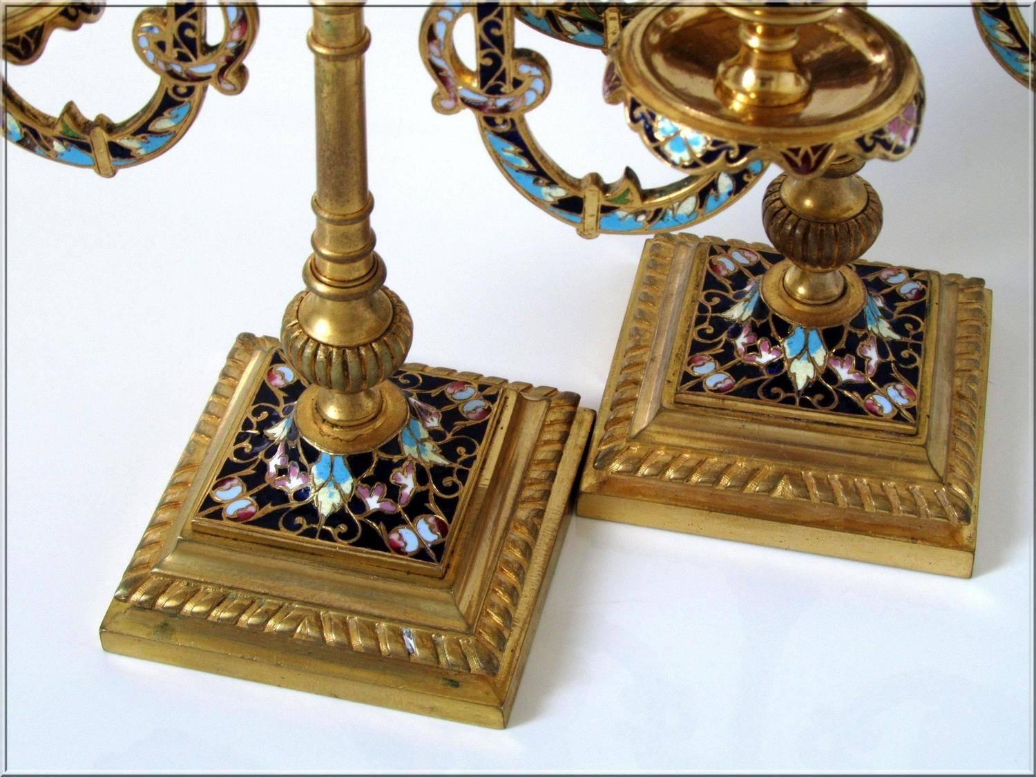 Antique Pair of French Ormolu Bronze Champleve Enamel Candelabra For Sale 3