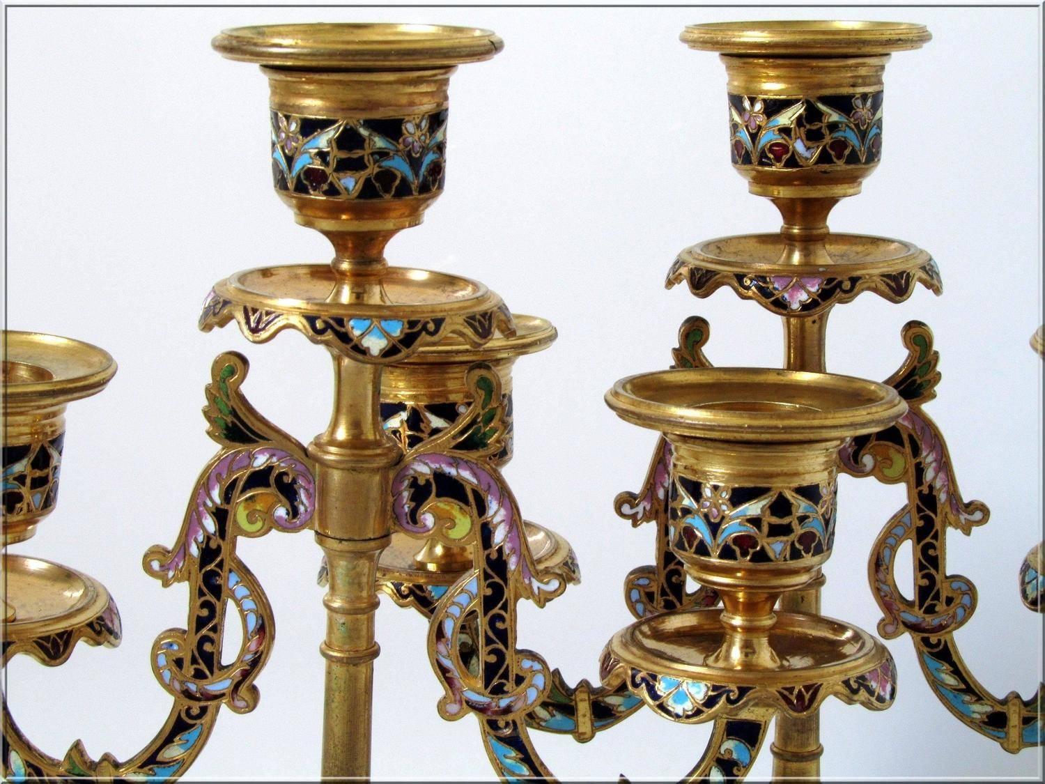 Antique Pair of French Ormolu Bronze Champleve Enamel Candelabra For Sale 5