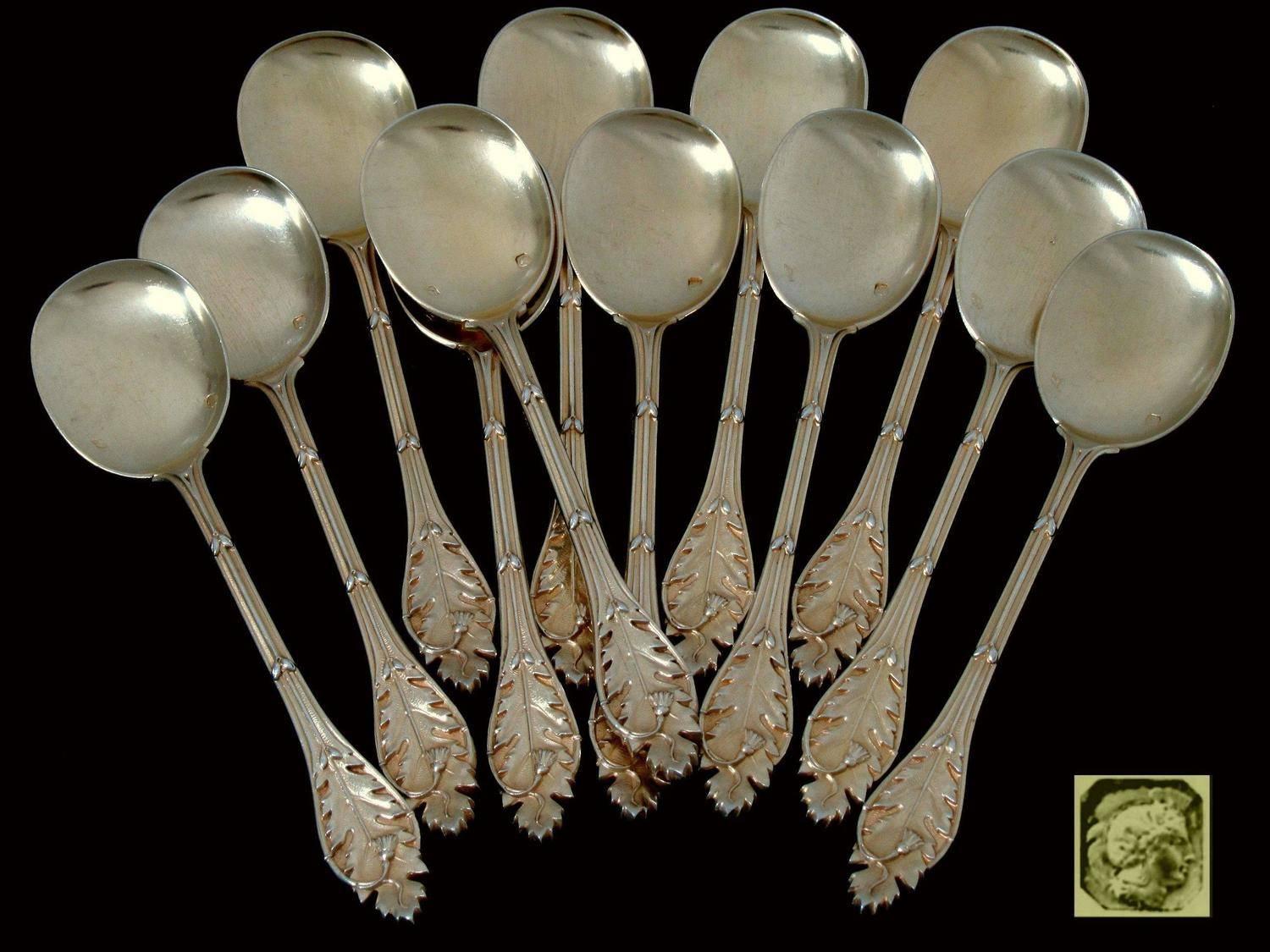 Art Nouveau Linzeler Masterpiece French Sterling Silver 18k Gold Ice Cream Spoons Set 