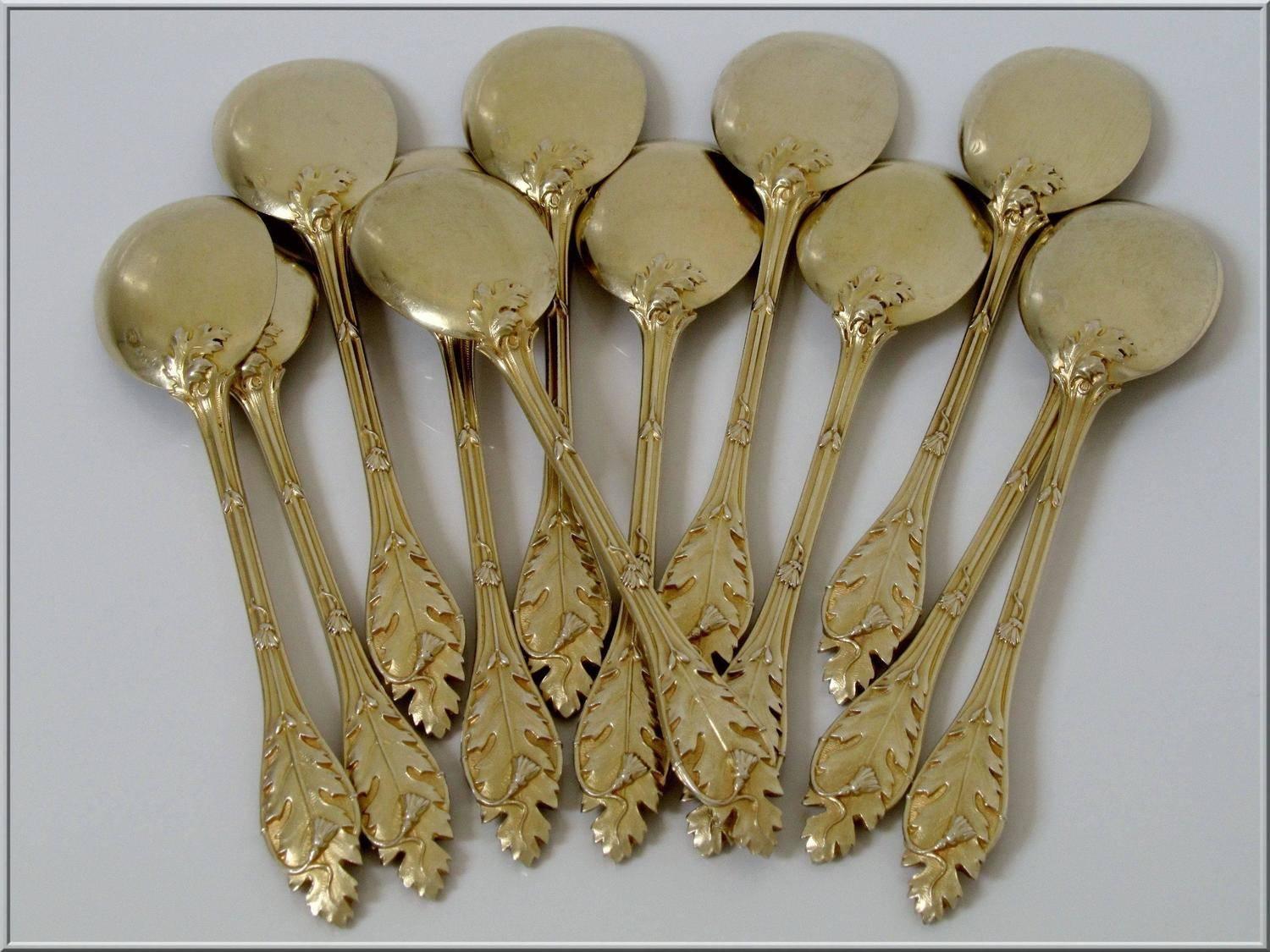 Late 19th Century Linzeler Masterpiece French Sterling Silver 18k Gold Ice Cream Spoons Set 