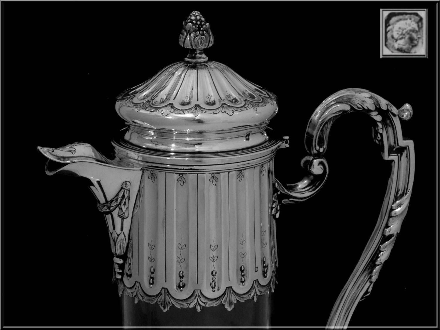 Antique French Sterling Silver Crystal Serving Decanter, Pitcher, Neoclassical For Sale 1