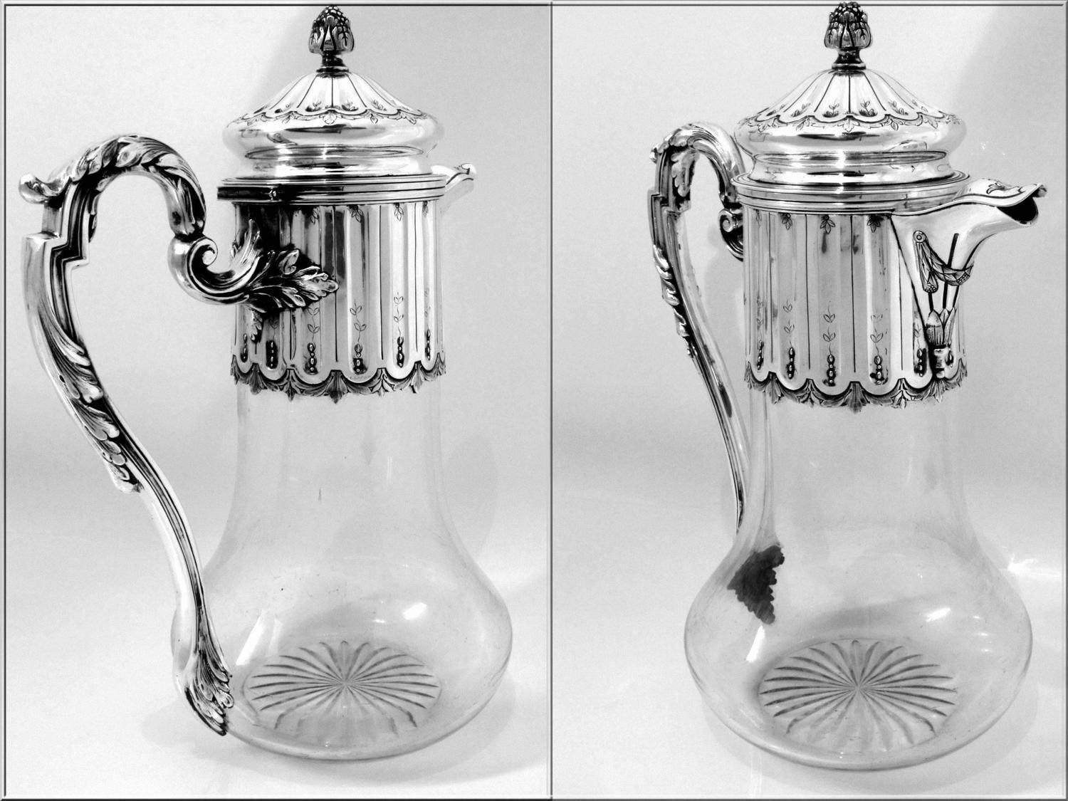 Antique French Sterling Silver Crystal Serving Decanter, Pitcher, Neoclassical For Sale 2