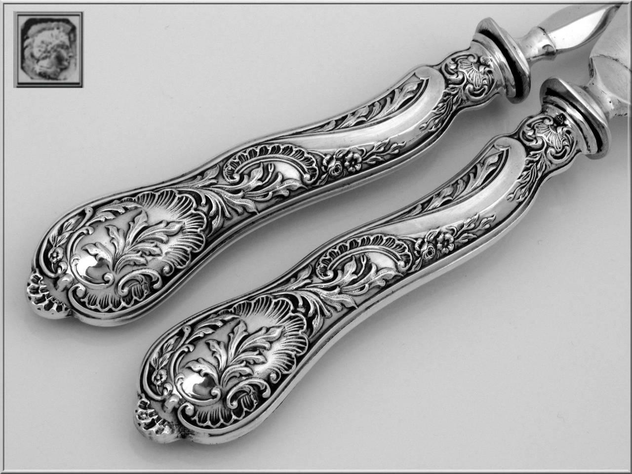Late 19th Century Bonnescoeur French Sterling Silver Fish Servers Two Pieces Box, Rococo For Sale