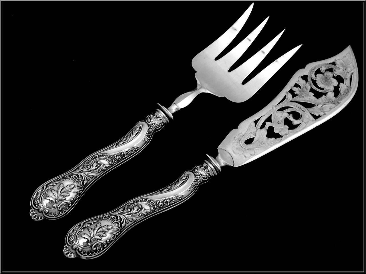 Silver Plate Bonnescoeur French Sterling Silver Fish Servers Two Pieces Box, Rococo For Sale