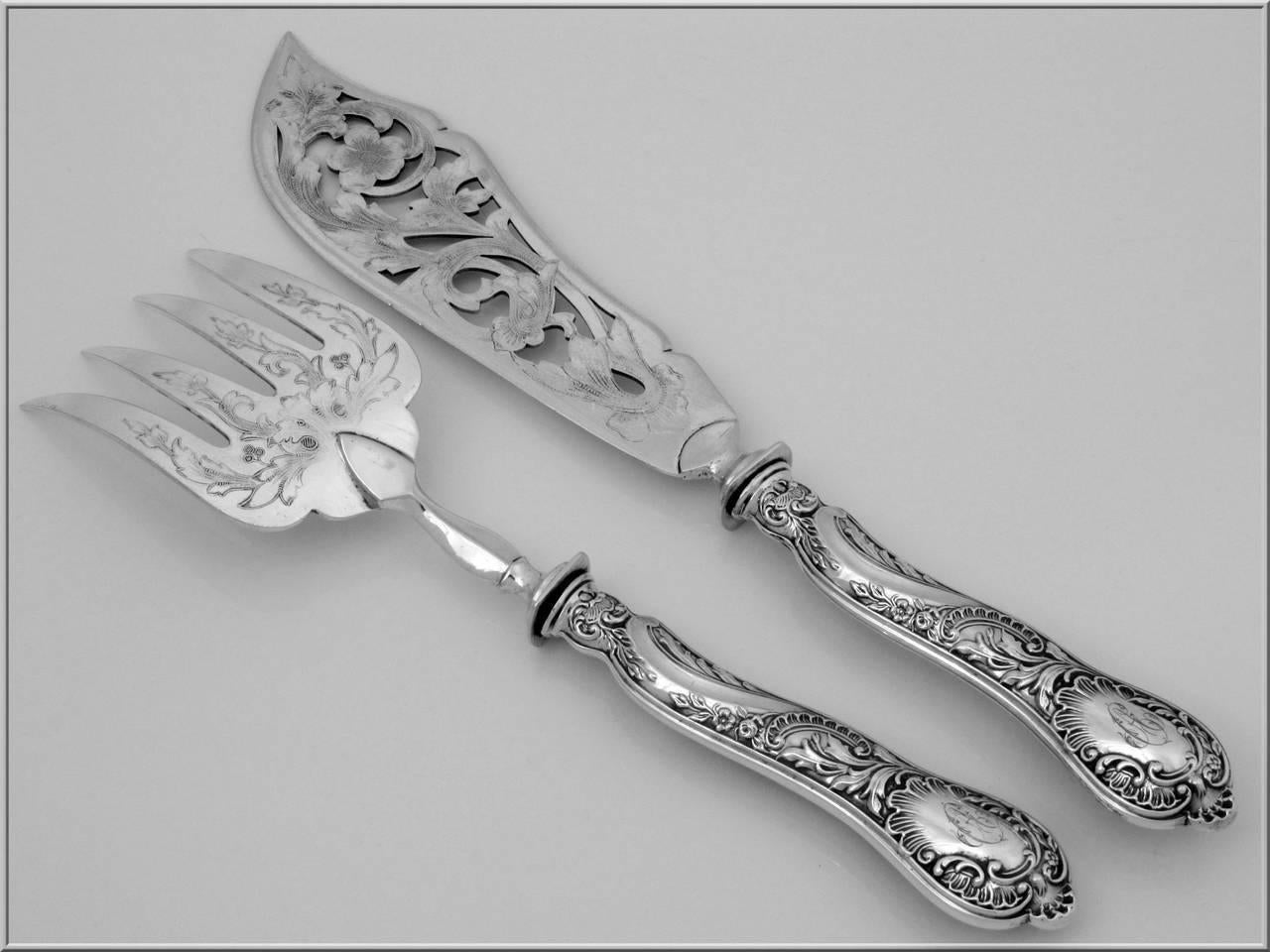 Bonnescoeur French Sterling Silver Fish Servers Two Pieces Box, Rococo For Sale 1