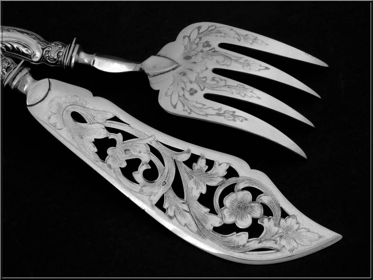 Bonnescoeur French Sterling Silver Fish Servers Two Pieces Box, Rococo For Sale 2
