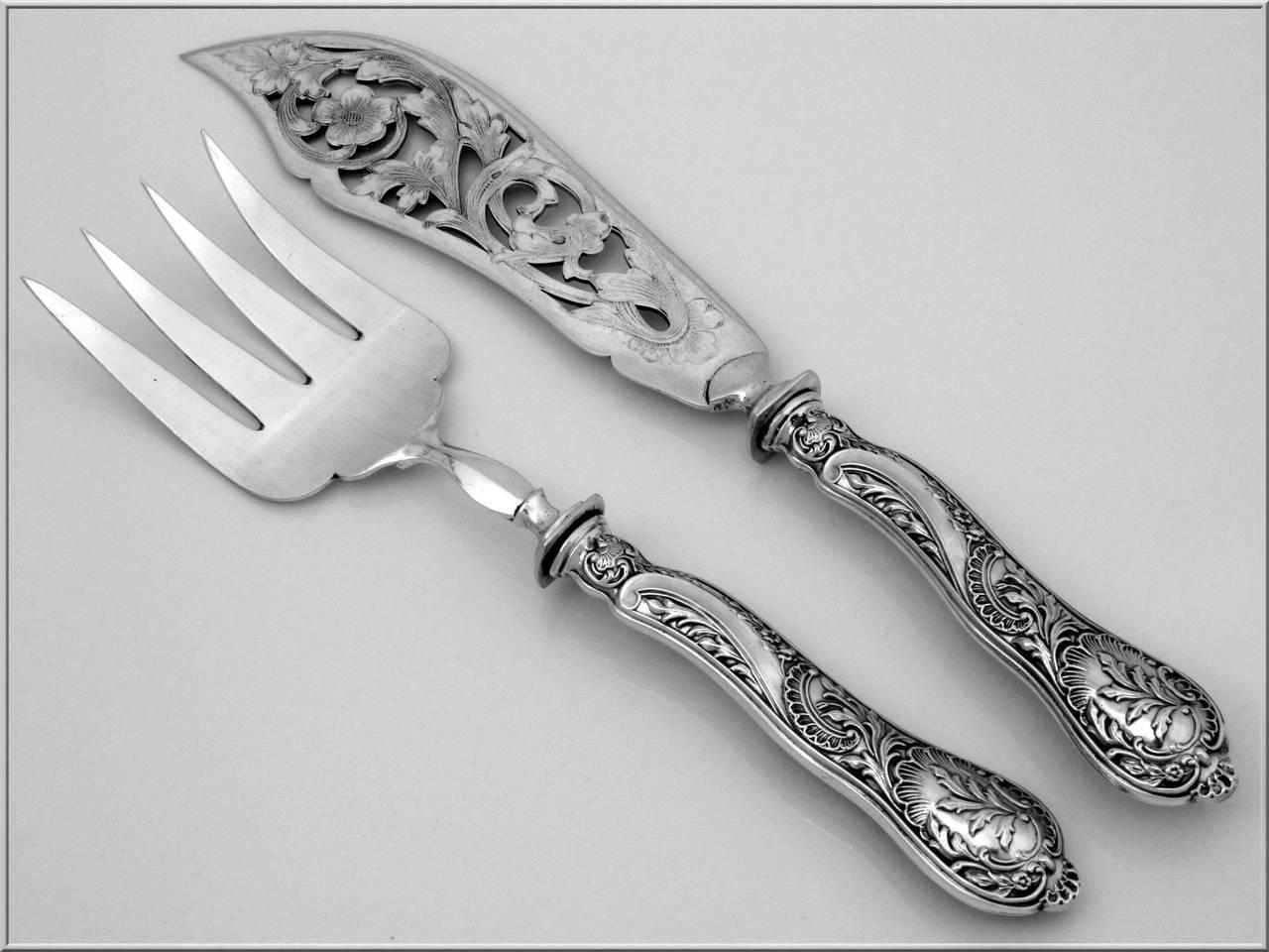 Bonnescoeur French Sterling Silver Fish Servers Two Pieces Box, Rococo For Sale 3