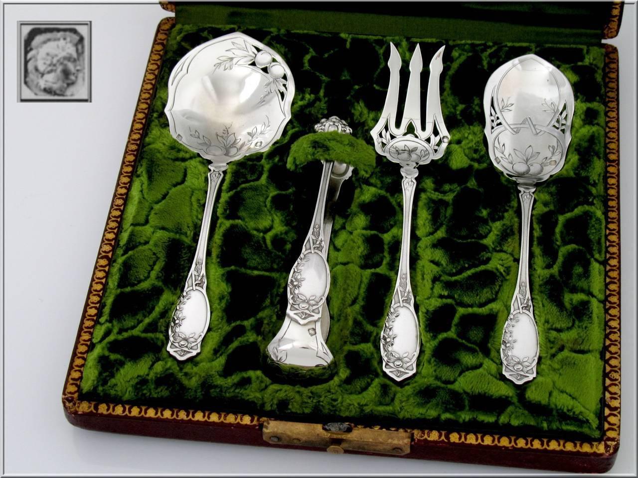 Late 19th Century Coignet French All Sterling Silver Dessert Hors D'oeuvre Set Box Apples