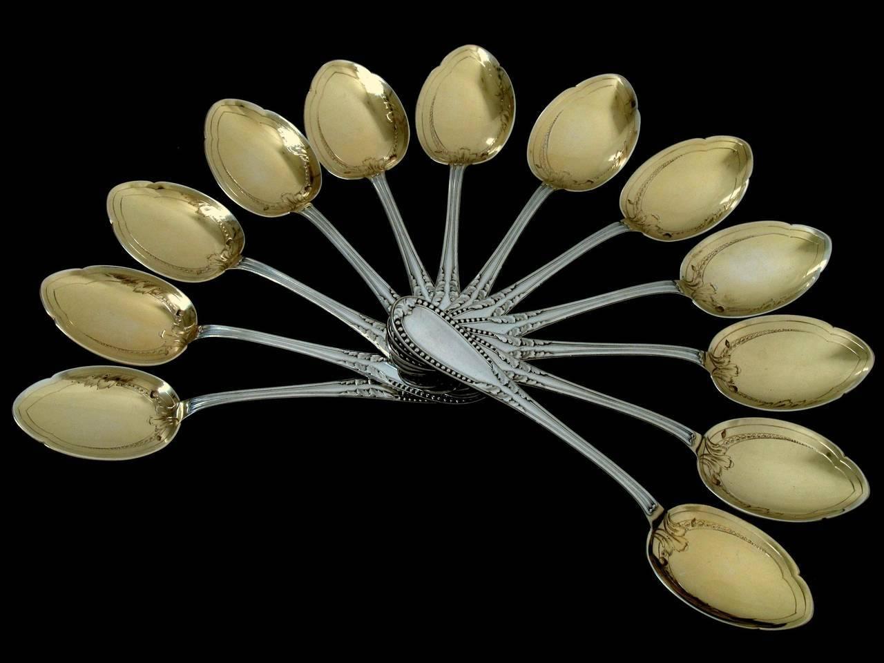 Neoclassical Lapparra French All Sterling Silver 18k Gold Ice Cream Spoons Set 12 Pieces For Sale