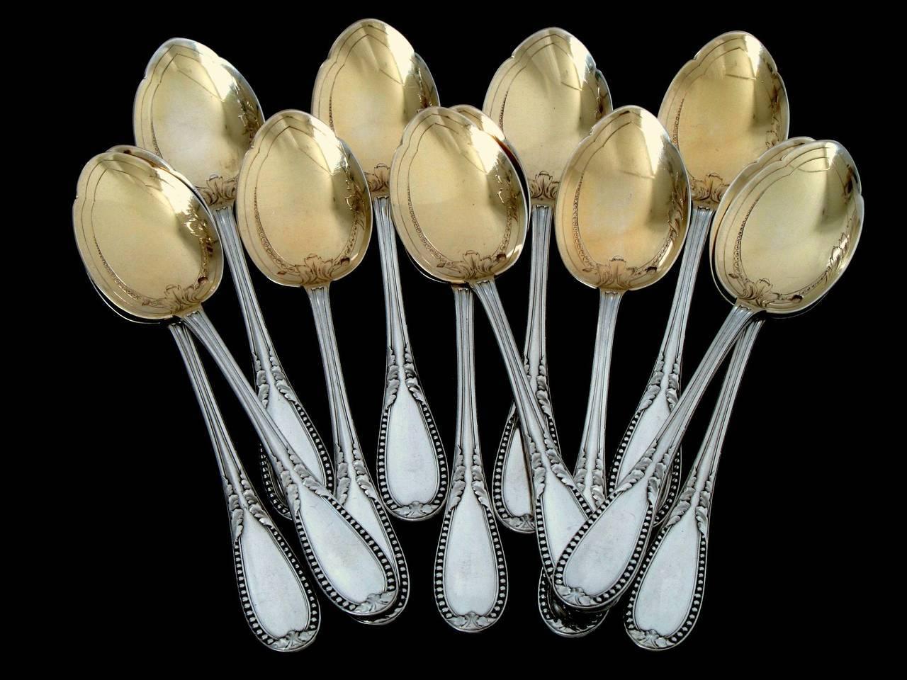 Early 20th Century Lapparra French All Sterling Silver 18k Gold Ice Cream Spoons Set 12 Pieces For Sale