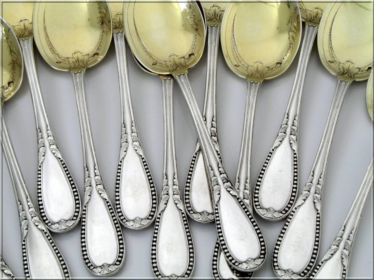 Lapparra French All Sterling Silver 18k Gold Ice Cream Spoons Set 12 Pieces For Sale 1