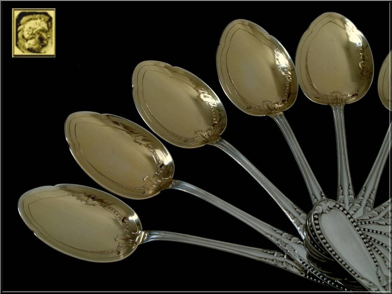 Lapparra French All Sterling Silver 18k Gold Ice Cream Spoons Set 12 Pieces For Sale 2