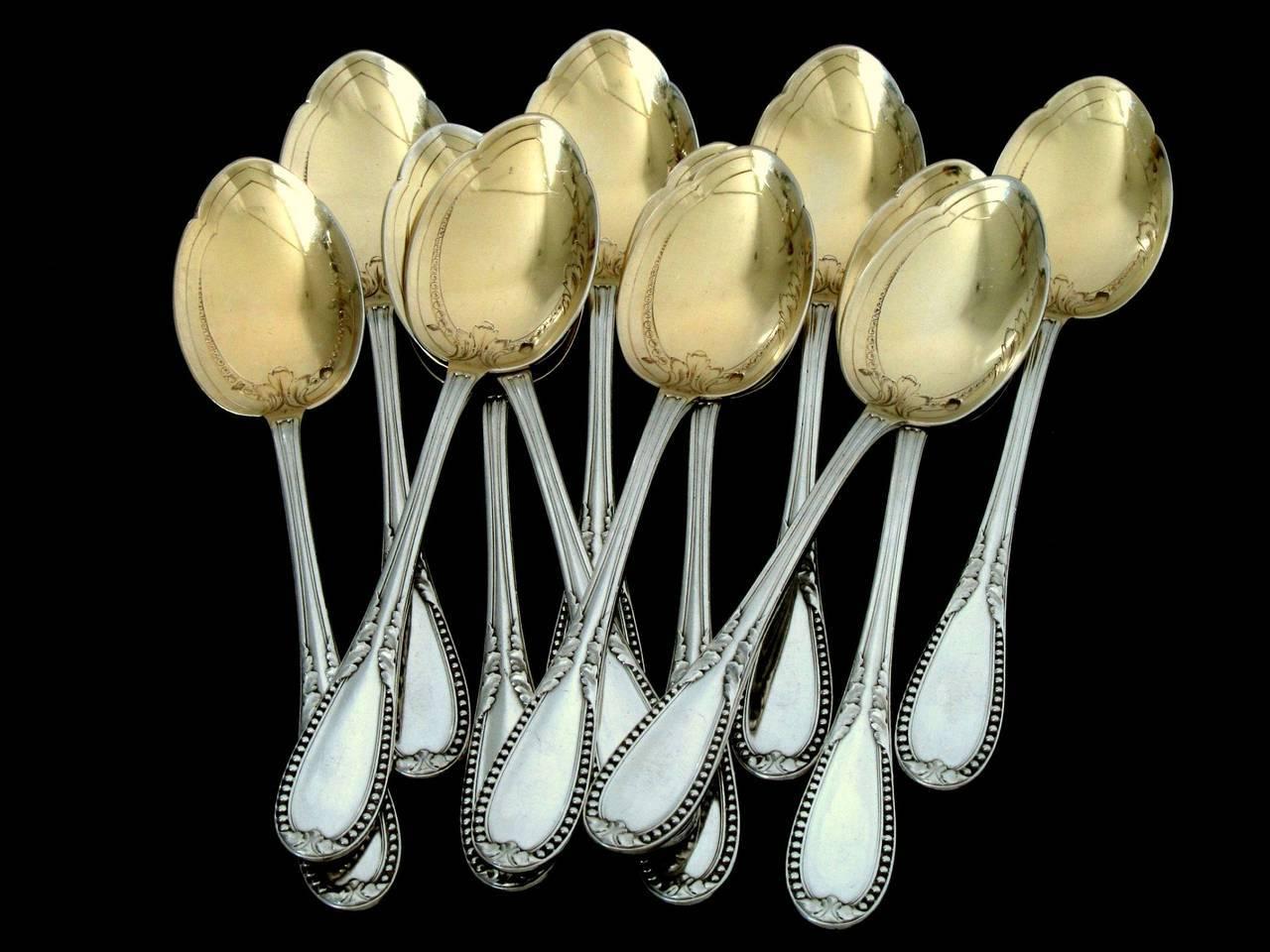 Lapparra French All Sterling Silver 18k Gold Ice Cream Spoons Set 12 Pieces For Sale 3