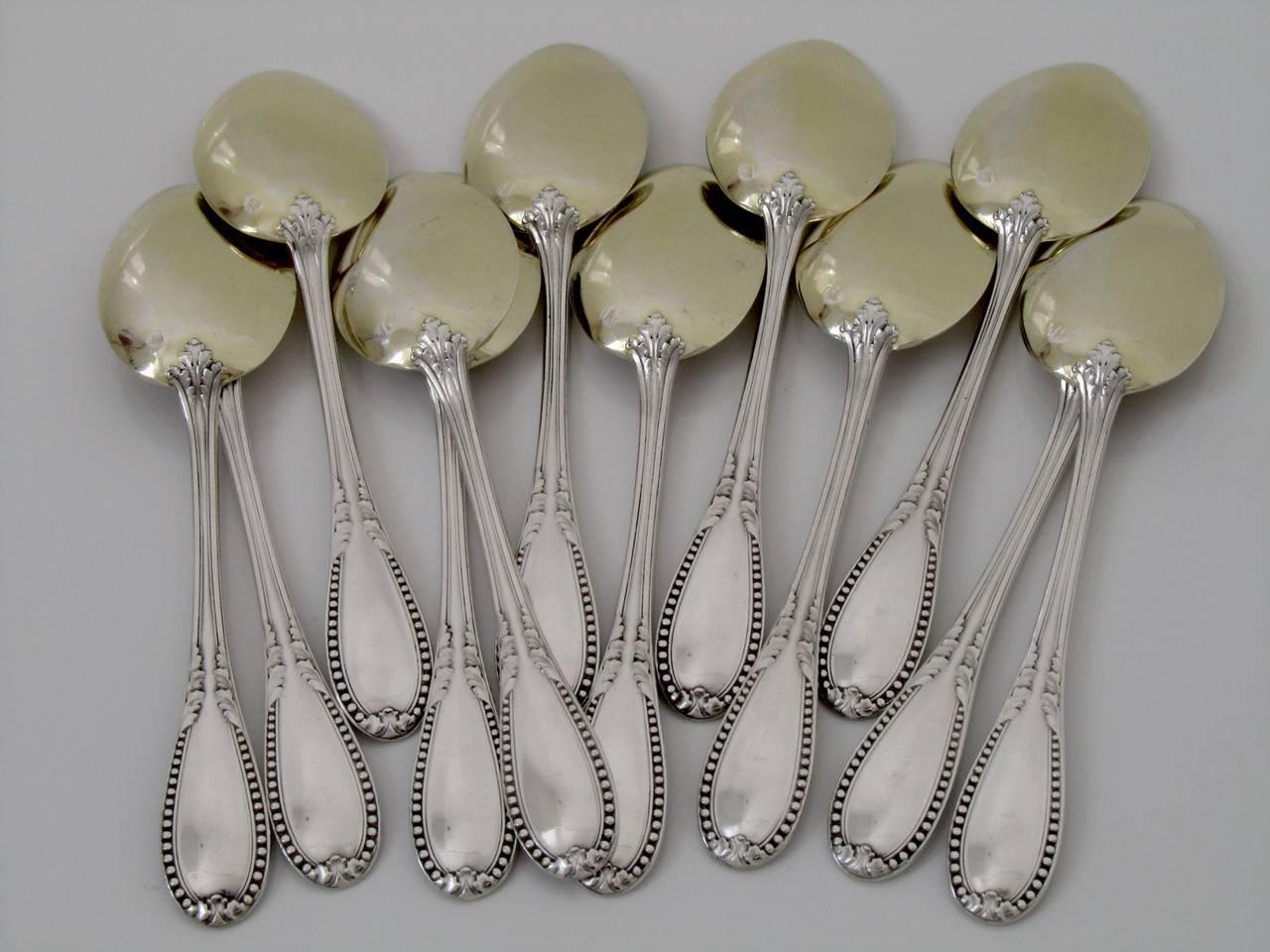 Lapparra French All Sterling Silver 18k Gold Ice Cream Spoons Set 12 Pieces For Sale 4