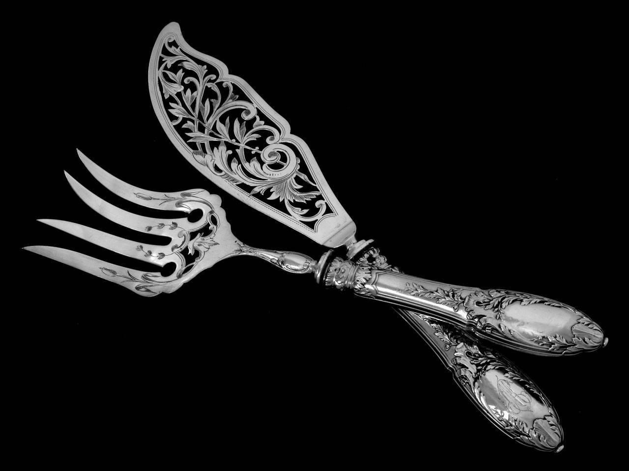 Late 19th Century Puiforcat Gorgeous French Sterling Silver Fish Servers Two Pieces Foliages
