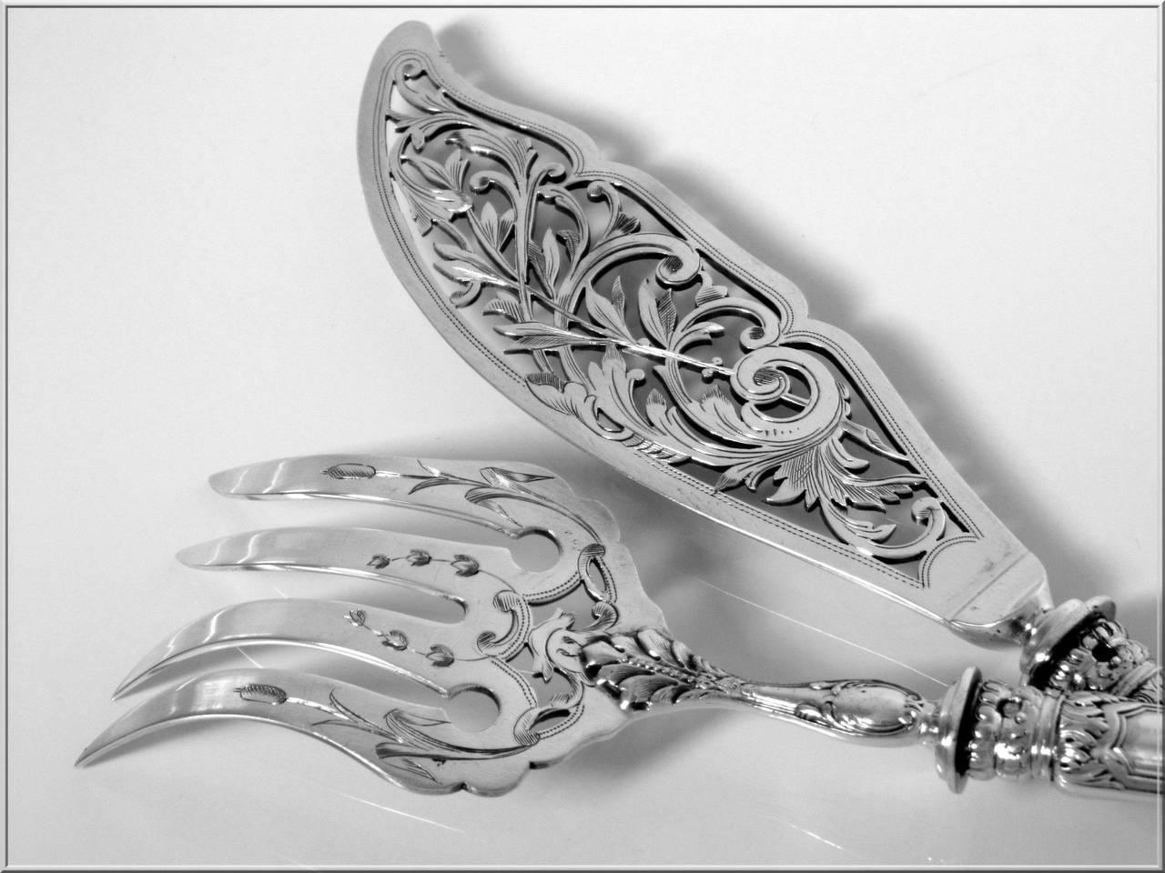 Puiforcat Gorgeous French Sterling Silver Fish Servers Two Pieces Foliages 3