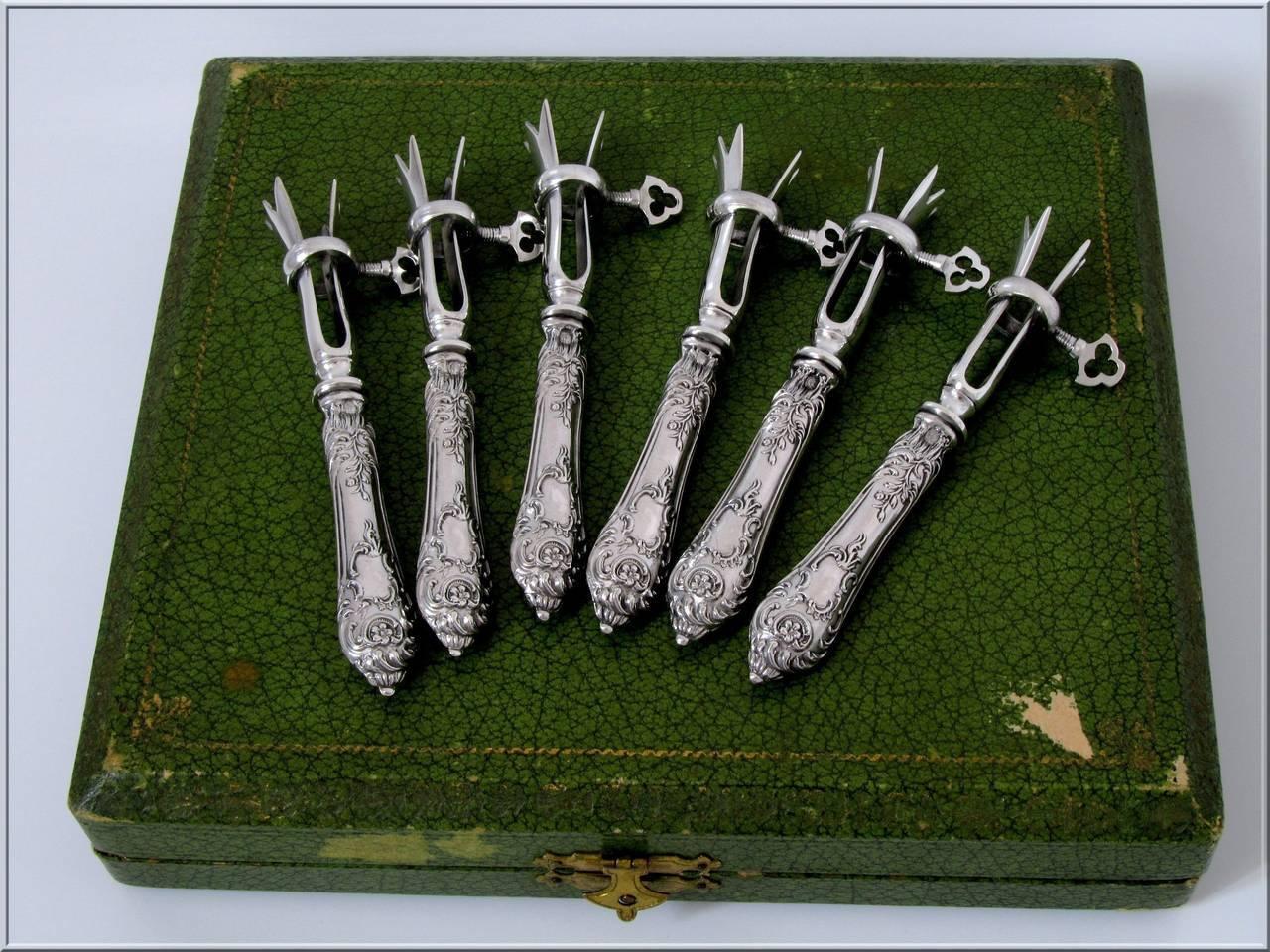 Rare French Sterling Silver Cutlet Holders Set of Six Pieces Original Box Rococo 2