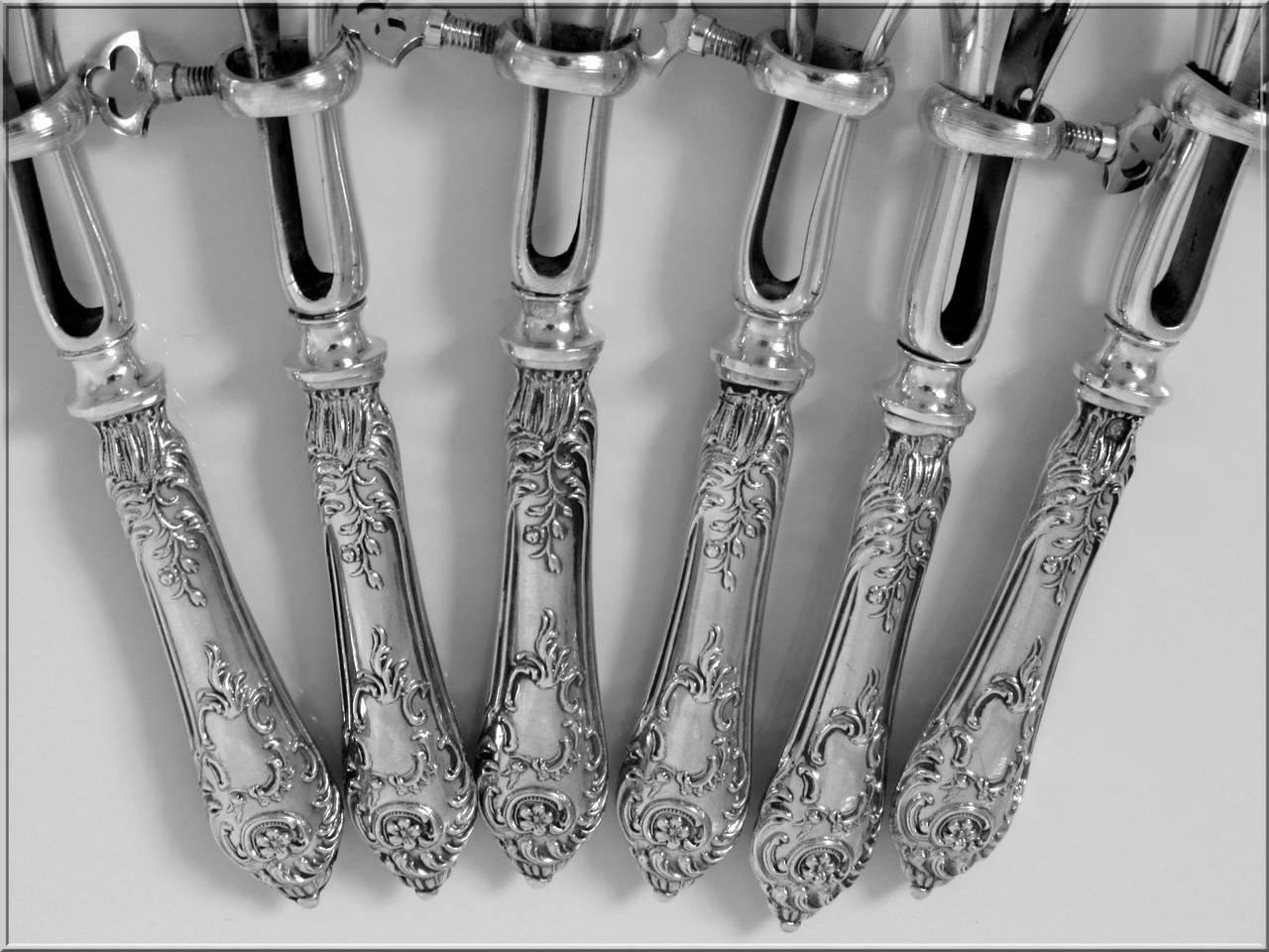 Rare French Sterling Silver Cutlet Holders Set of Six Pieces Original Box Rococo 4