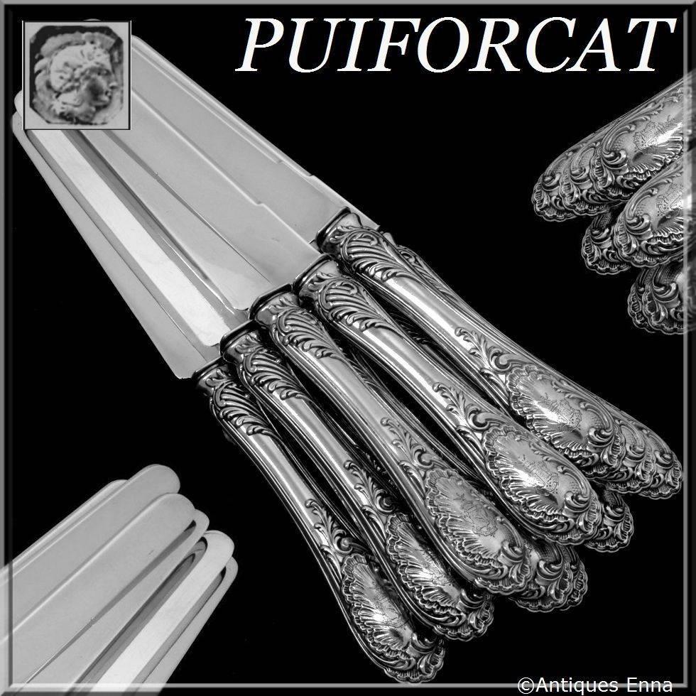Puiforcat rare French all sterling silver dessert knife set 12 piece Rococo.

Rococo handles have fantastic decoration in the Rococo style. Model called Louis XV in the catalog of the Maison Puiforcat. Sterling silver blades.

To complete this set,
