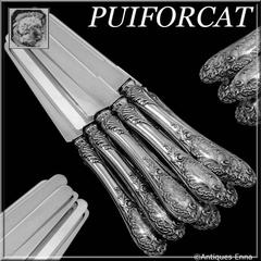 Puiforcat French All Sterling Silver Dessert Entremet Knife Set 12 Piece Rococo