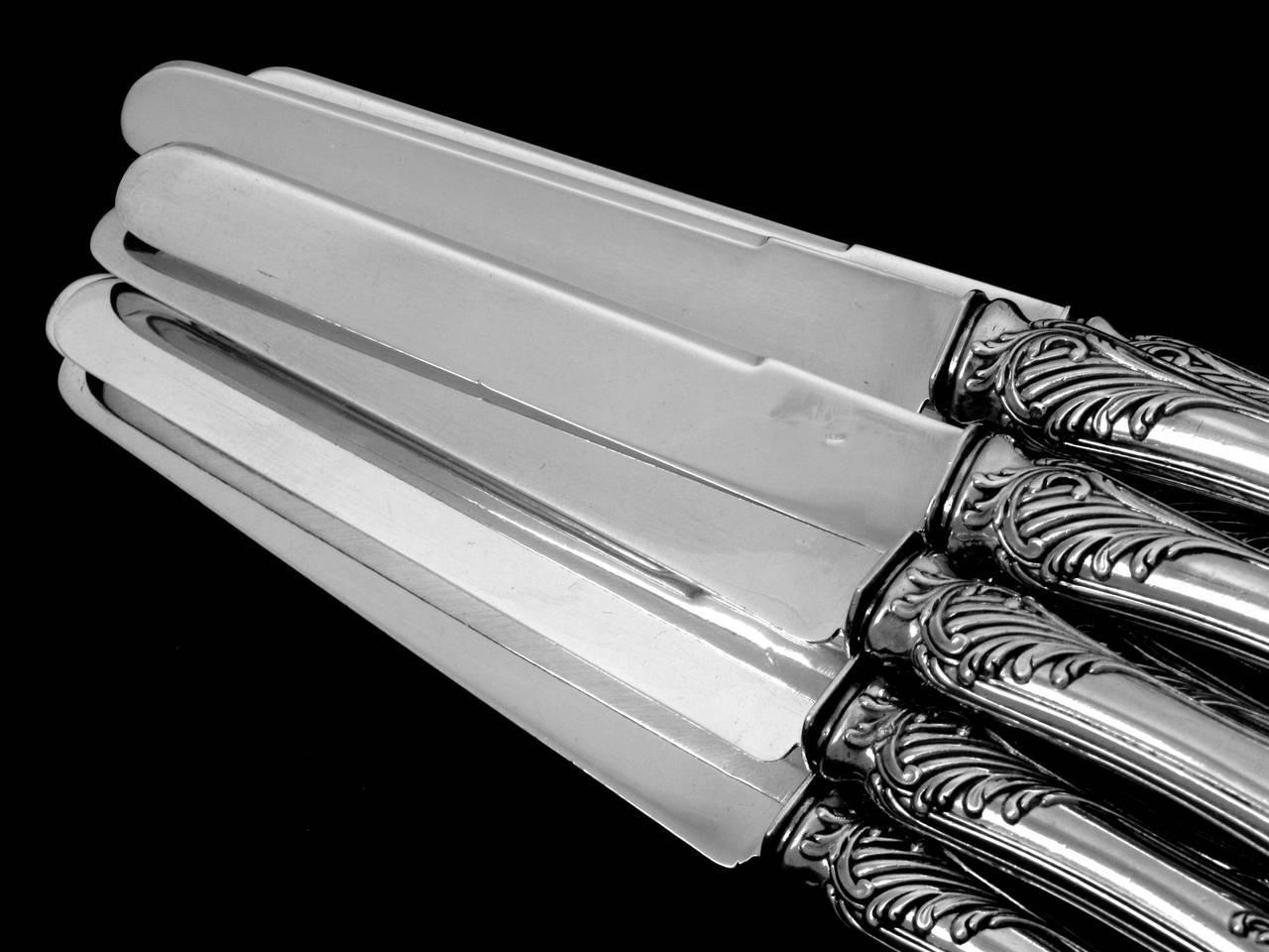 Puiforcat French All Sterling Silver Dessert Entremet Knife Set 12 Piece Rococo In Excellent Condition In TRIAIZE, PAYS DE LOIRE