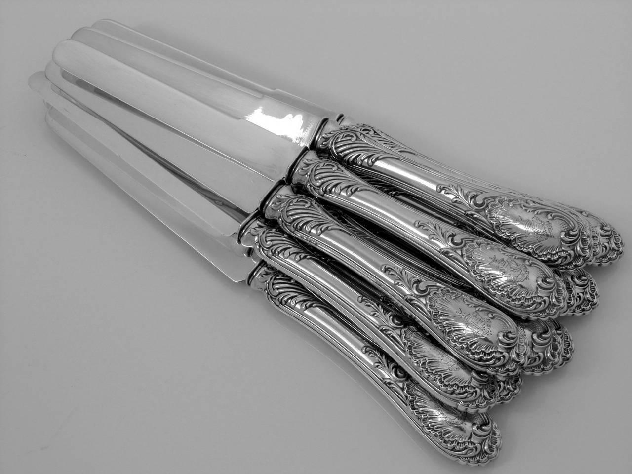 Late 19th Century Puiforcat French All Sterling Silver Dessert Entremet Knife Set 12 Piece Rococo