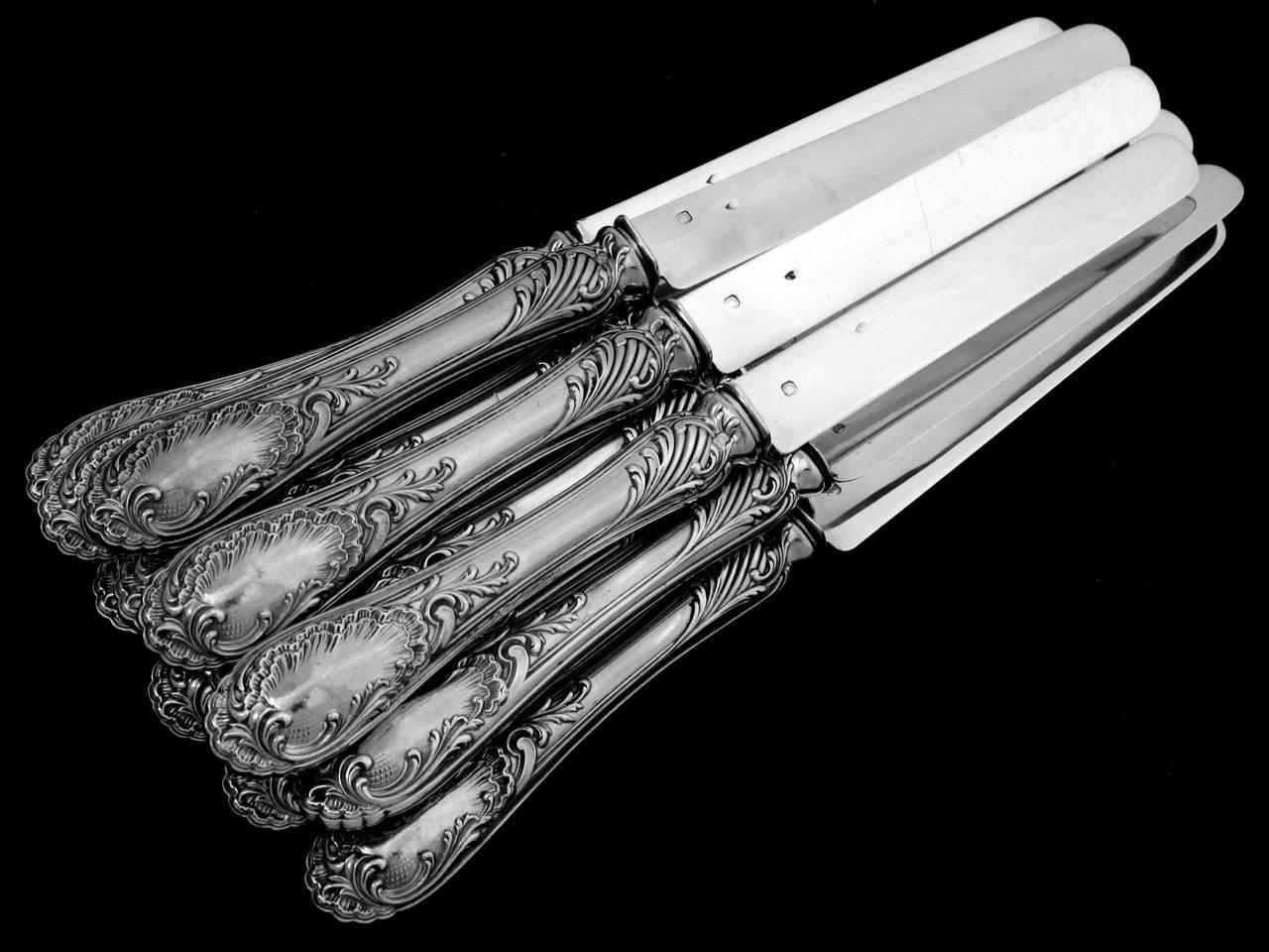 Puiforcat French All Sterling Silver Dessert Entremet Knife Set 12 Piece Rococo 1